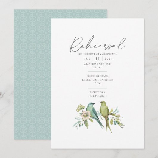 Invitation Blue Green Birds Botanical Watercolor Mariage (Devant / Derrière)
