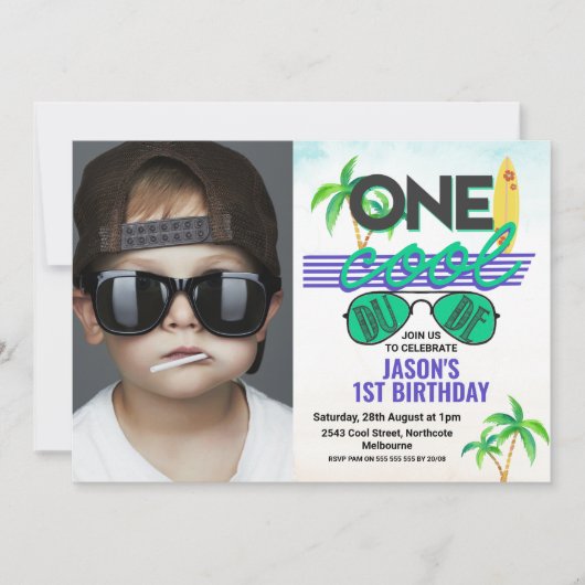 Invitation Blue Green Boys Cool Dude Photo 1er anniversaire (Devant)