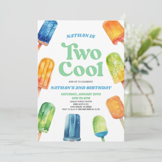 Invitation Blue Green Deux Cool Popsicle 2e fête d'anniversai (Debout devant)