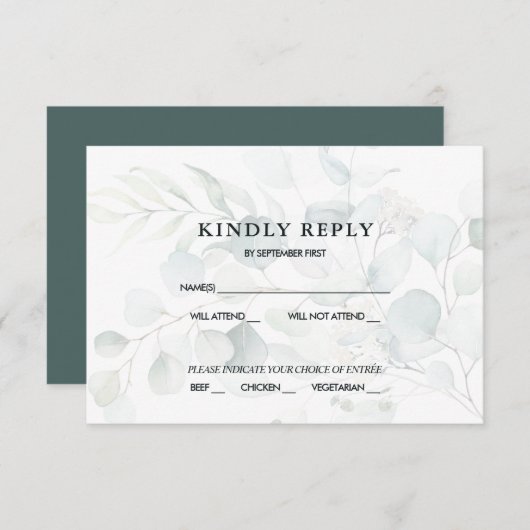 Invitation Blue Green Eucalyptus Mariage RSVP Réponse Dark I (Devant / Derrière)