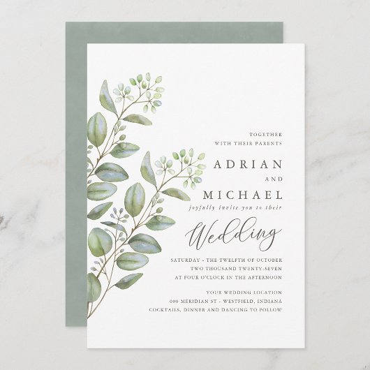 Invitation Blue Green Eucalyptus Simple Mariage de automne