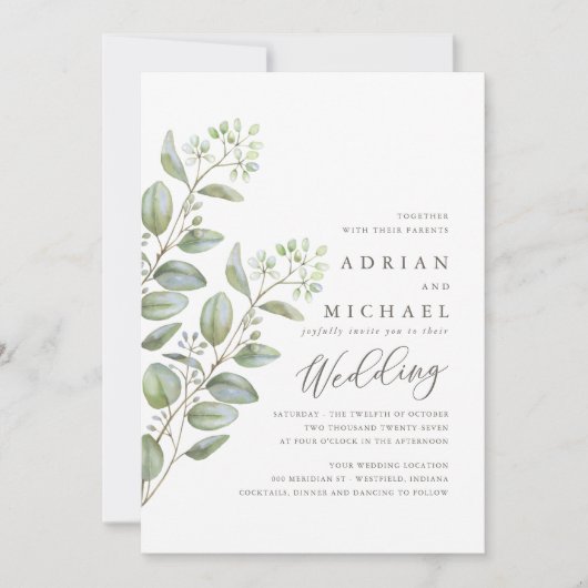 Invitation Blue Green Eucalyptus Simple Mariage de automne (Devant)