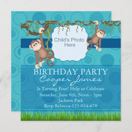 Invitation Blue & Green Monkey Fun Photo Anniversaire Invitat (Devant / Derrière)