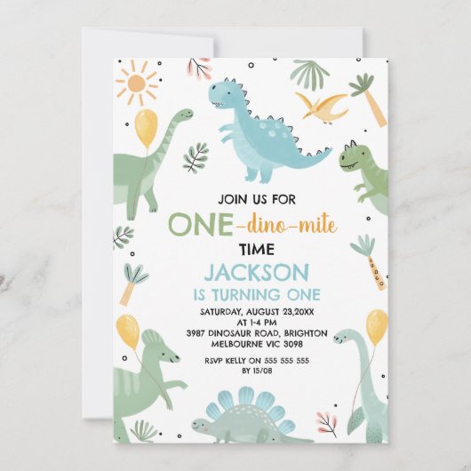 Invitation Blue Green One Dino Mite Dinosaur 1er anniversaire (Devant)