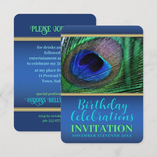 Invitation Blue Green Peacock Feather 30th Birthday Party (Devant / Derrière)