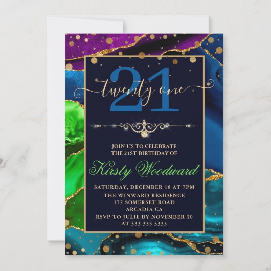 Invitation Blue Green & Purple & Gold Parties scintillant Aga (Devant)