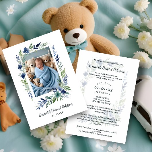 Invitation Blue & Green Shades Floral Frame Naming Ceremony