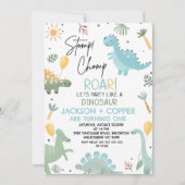 Invitation Blue Green Stomp Chomp Twins Dinosaur 1er annivers (Devant)