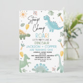 Invitation Blue Green Stomp Chomp Twins Dinosaur 1er annivers (Debout devant)