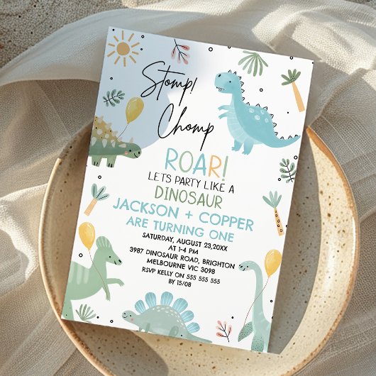 Invitation Blue Green Stomp Chomp Twins Dinosaur 1er annivers