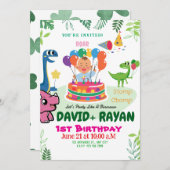 Invitation Blue Green Stomp Chomp Twins Dinosaur 1er annivers (Devant / Derrière)