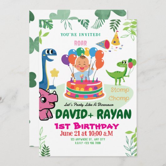 Invitation Blue Green Stomp Chomp Twins Dinosaur 1er annivers (Devant / Derrière)