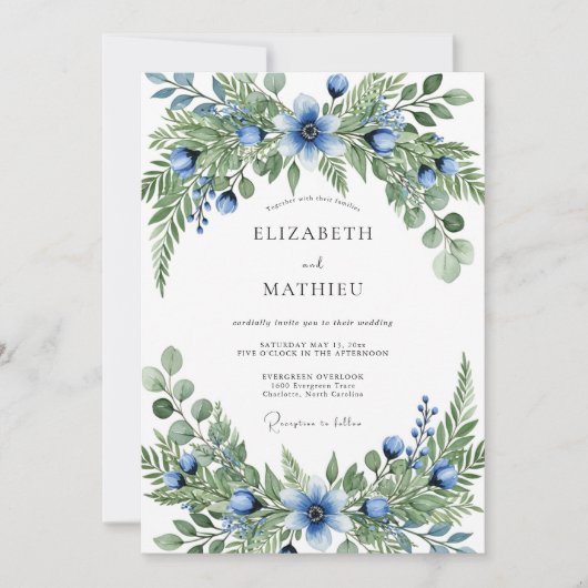 Invitation Blue Green Verdant Botanical Wedding (Devant)