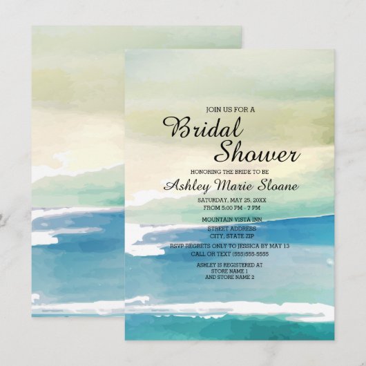 Invitation Blue Green Watercolor Ocean Waves Fête des mariées (Devant / Derrière)