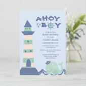 Invitation Blue Green Whale Lighthouse Ahoy Boy Baby shower (Debout devant)