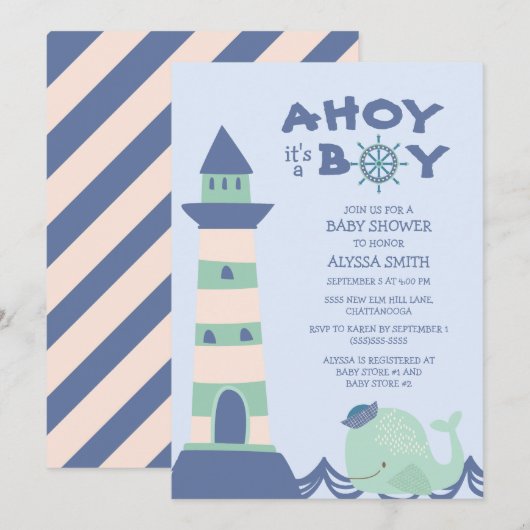 Invitation Blue Green Whale Lighthouse Ahoy Boy Baby shower (Devant / Derrière)