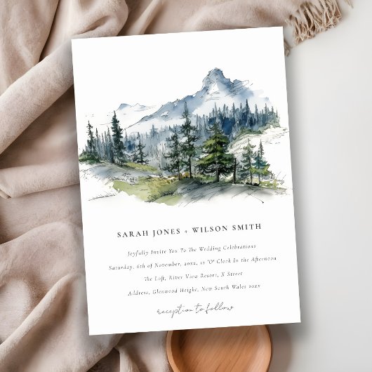 Invitation Blue Green Woods Mountain Paysage Mariage de croqu