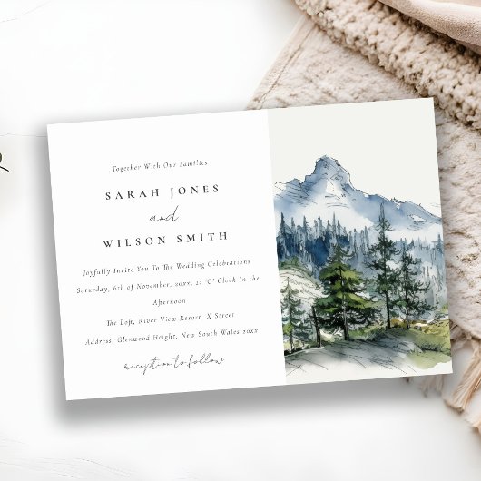 Invitation Blue Green Woods Mountain Paysage Mariage de croqu