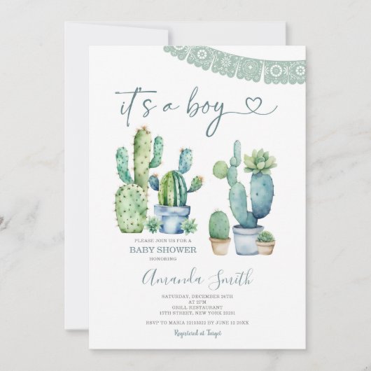 Invitation Blue Greenery Cactus Floral C'est un Baby shower g (Devant)