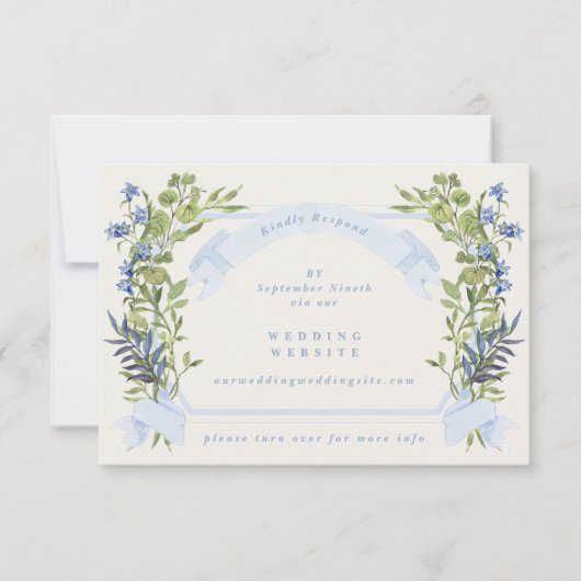 Invitation blue greenery crest website QR CODE wedding RSVP (Devant)