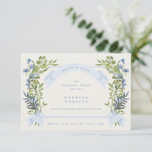 Invitation blue greenery crest website QR CODE wedding RSVP (Debout devant)