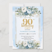 Invitation Blue Greenery Gold Glitter 90th Birthday Invites (Devant)