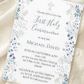Invitation  blue greenery watercolor First Communion boy