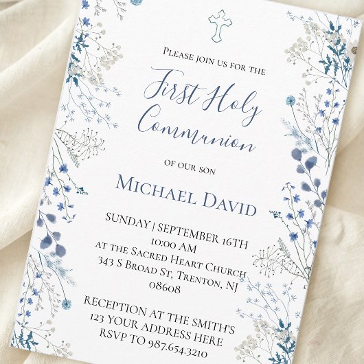 Invitation  blue greenery watercolor First Communion boy