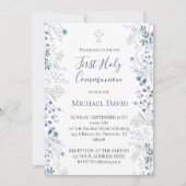 Invitation  blue greenery watercolor First Communion boy (Devant)