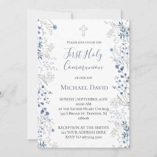 Invitation  blue greenery watercolor First Communion boy (Devant)