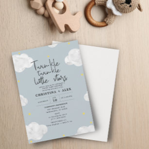 Invitation Blue Grey Aquarelle Nuages Twin Boys Baby shower
