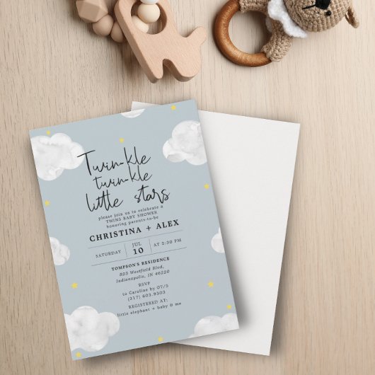 Invitation Blue Grey Aquarelle Nuages Twin Boys Baby shower