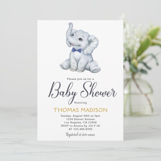 Invitation Blue Grey Elephant Baby Boy Douche (Debout devant)
