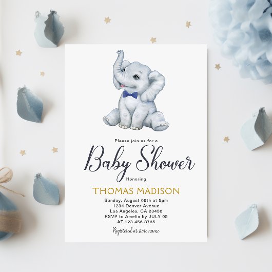 Invitation Blue Grey Elephant Baby Boy Douche