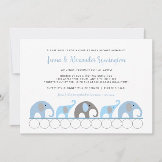 Invitation Blue Grey Elephant garçon baby shower (Devant)