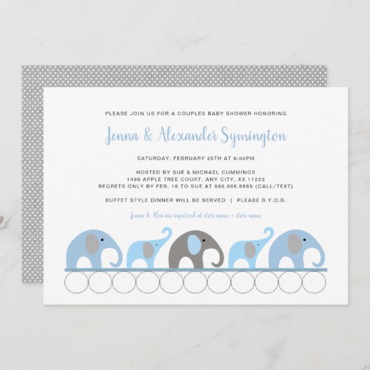 Invitation Blue Grey Elephant garçon baby shower (Devant / Derrière)