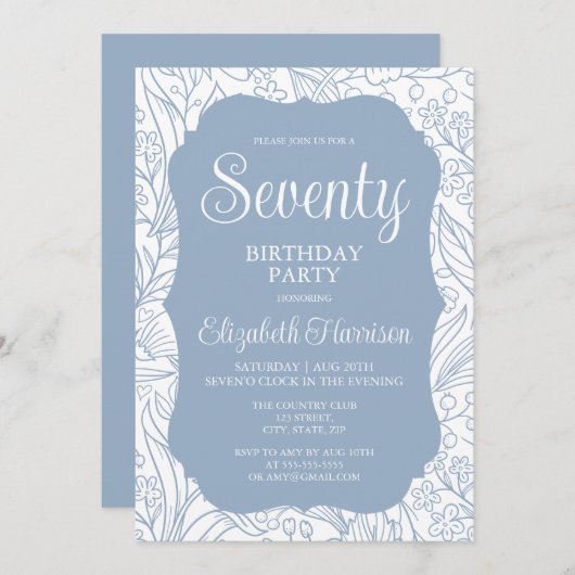Invitation Blue Grey Flora Femme 70e fête d'anniversaire (Devant / Derrière)