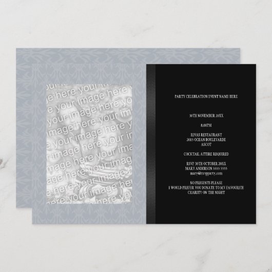 Invitation Blue Grey Floral Damask Black Photo Tous les événe (Devant / Derrière)