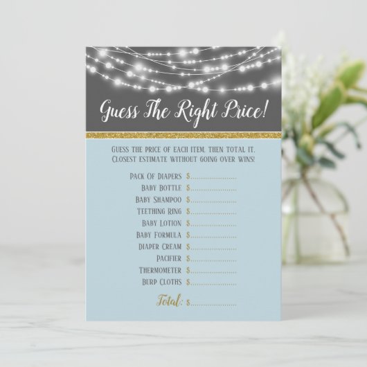 Invitation Blue Grey Lights Devinez Le Bon Baby shower De Pri (Debout devant)