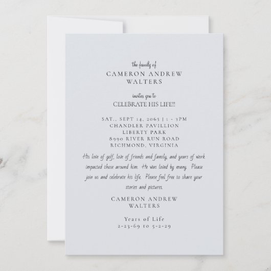 Invitation Blue Grey Photo Celebration of Life (Devant)