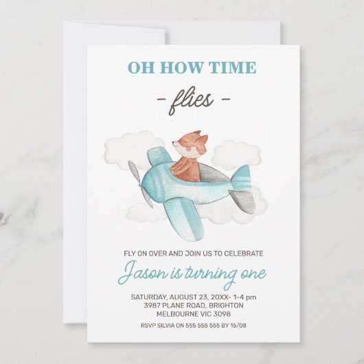 Invitation Blue Grey Plane Comment le temps passe 1er anniver (Devant)