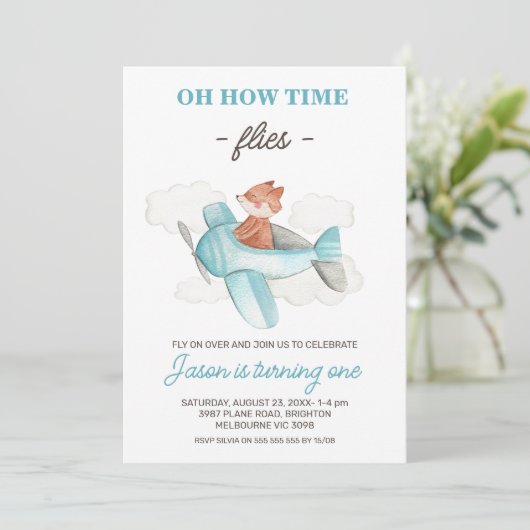 Invitation Blue Grey Plane Comment le temps passe 1er anniver (Debout devant)