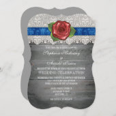 Invitation Blue Grey Rustic Wood Rose Mariage Inviter (Devant / Derrière)