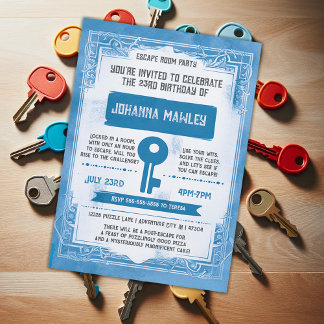 Invitation Blue Grunge Escape Room Key Anniversaire