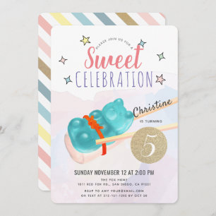 Invitation Blue Gummy Ours Candy Sushi Fille Anniversaire
