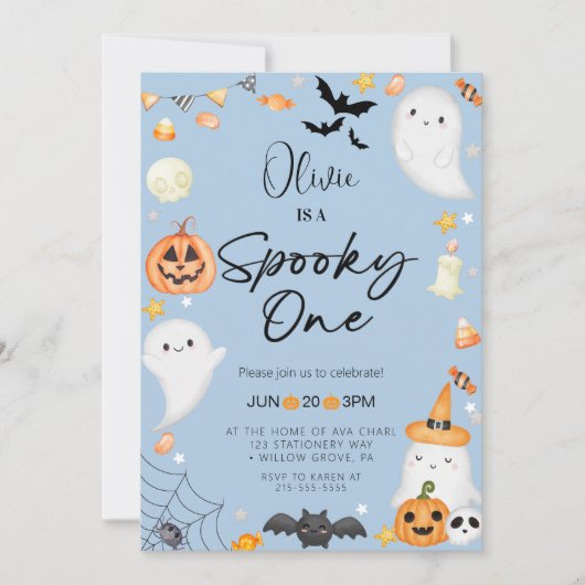Invitation Blue Halloween Ghost 1st Boy Anniversaire (Devant)