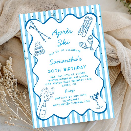 Invitation Blue Hand Drawn Apres Ski Winter Birthday Party