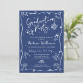 Invitation Blue Hand Drawn Doodles Style Photo Graduate Party (Debout devant)