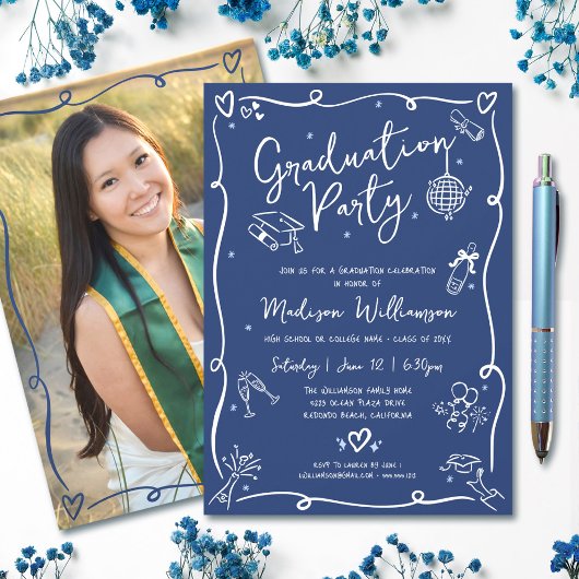 Invitation Blue Hand Drawn Doodles Style Photo Graduate Party