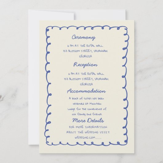 Invitation Blue hand drawn heart Whimsical Wedding details (Devant)
